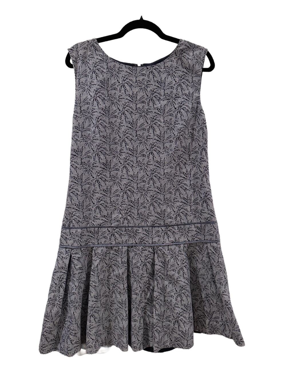 J Crew Sleeveless Drop Waist Dress Pleated Palm Tree AOP Gray Blue 10 Coastal